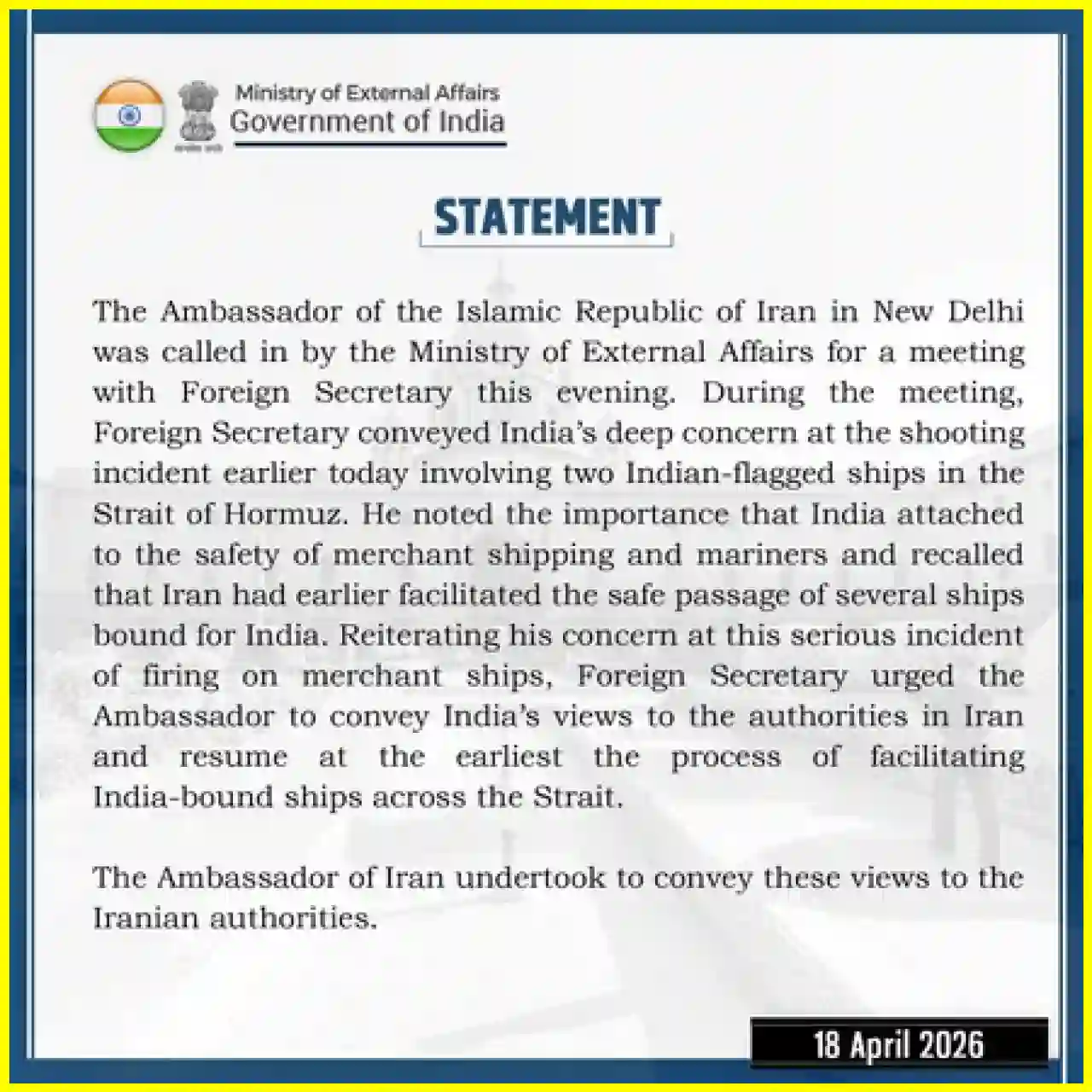 India Responds to Gunfire Incident in the Strait of Hormuz Involving Indian Vessels